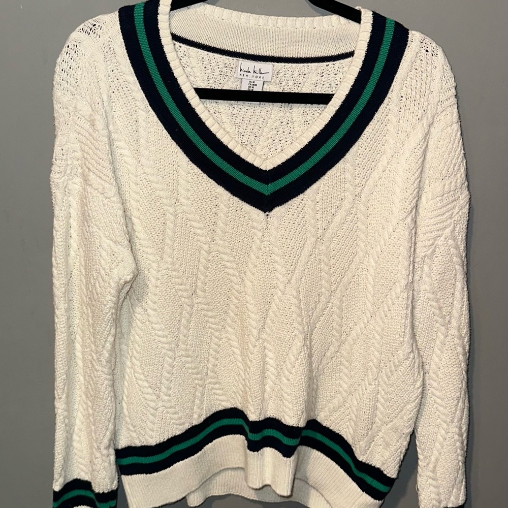 Nicole Miller Ivory V-Neck Sweater with Teal and Navy Stripes